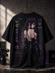 Bomb Girl Anime Oversized T-Shirt – Black Purple Streetwear Graphic Tee