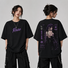 Bomb Girl Anime Oversized T-Shirt – Black Purple Streetwear Graphic Tee