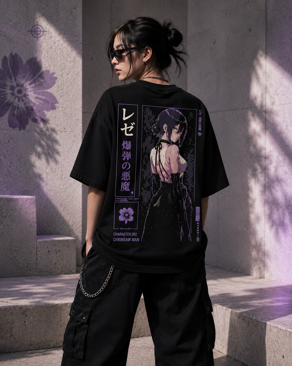 Bomb Girl Anime Oversized T-Shirt – Black Purple Streetwear Graphic Tee