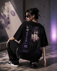 Bomb Girl Anime Oversized T-Shirt – Black Purple Streetwear Graphic Tee