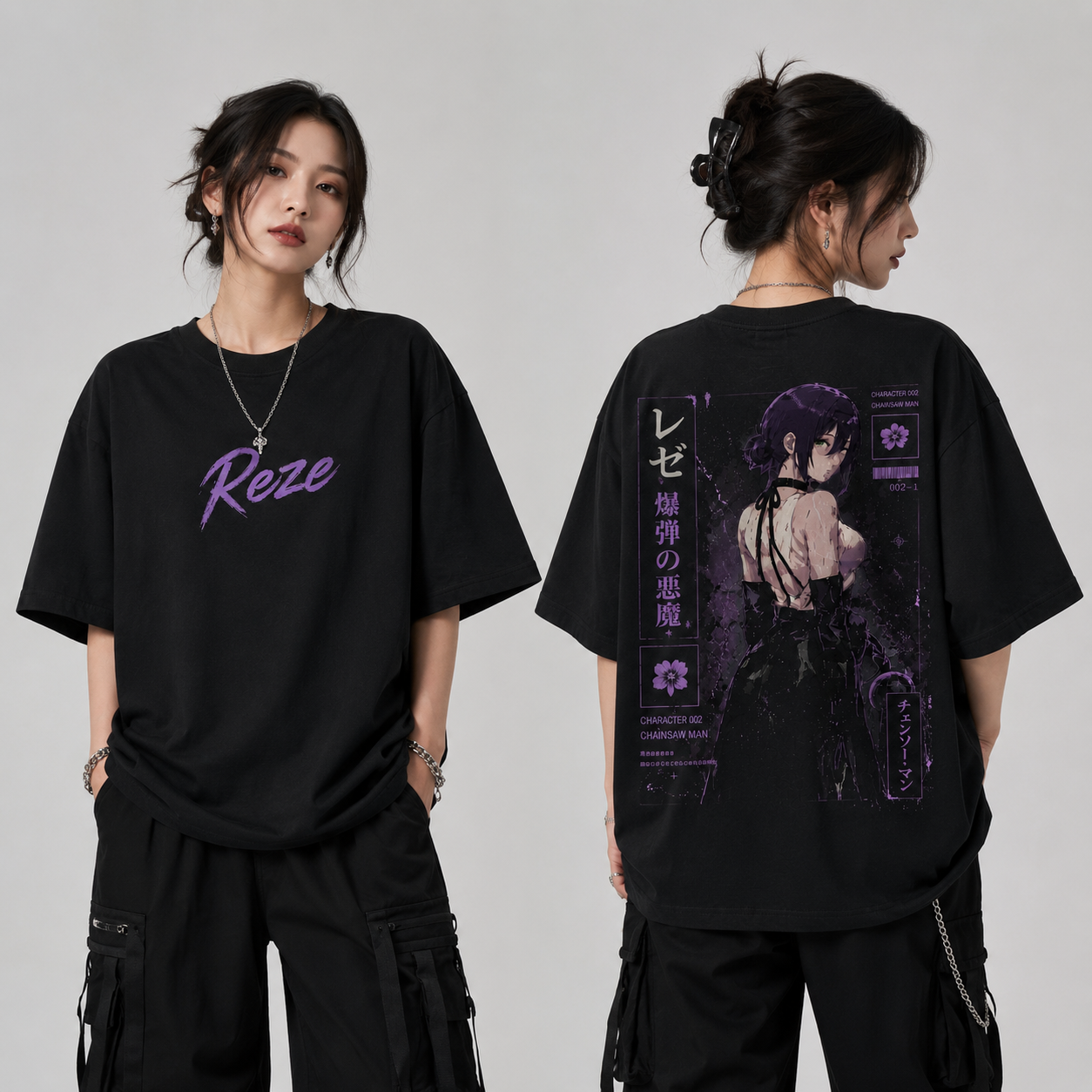 Bomb Girl Anime Oversized T-Shirt – Black Purple Streetwear Graphic Tee