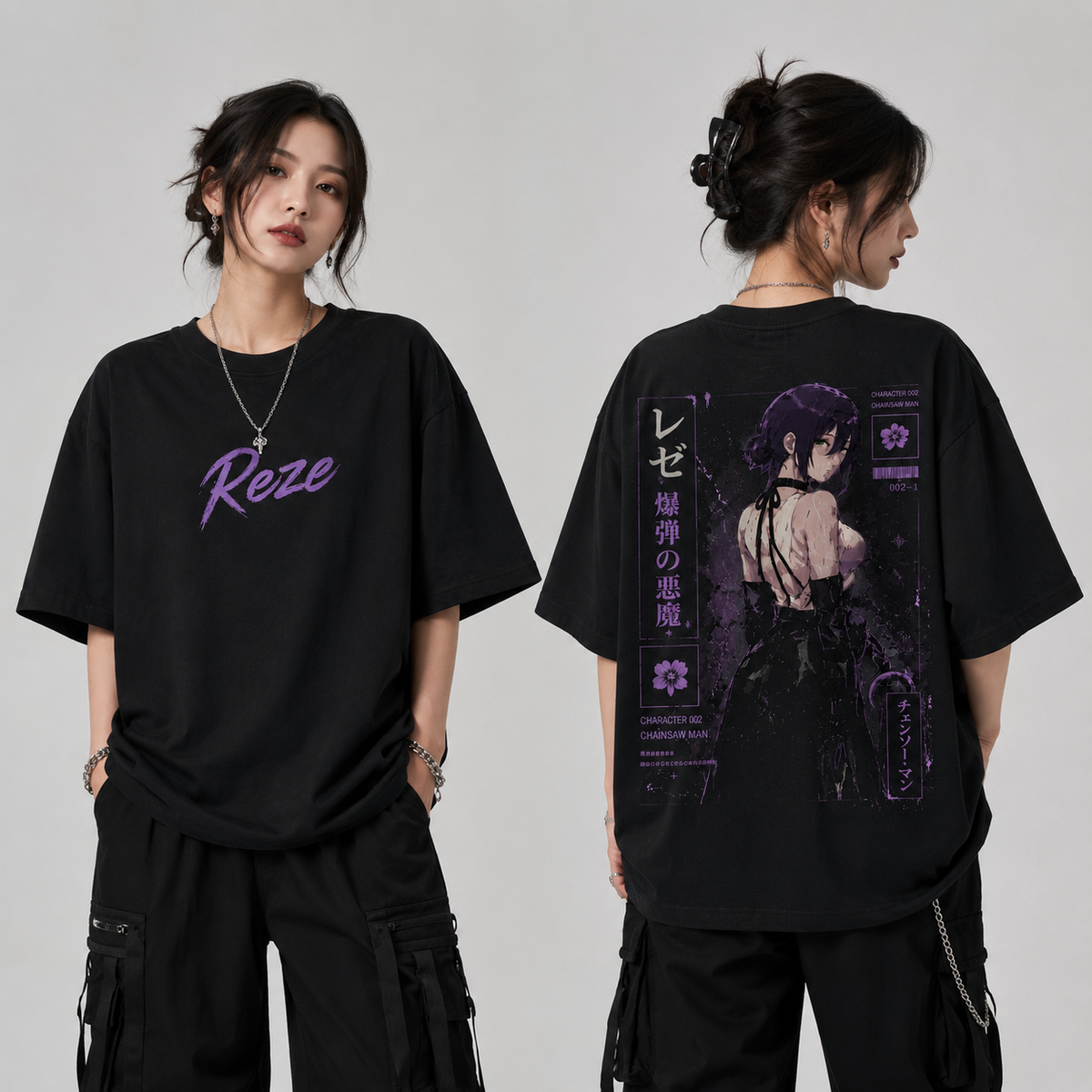 Bomb Girl Anime Oversized T-Shirt – Black Purple Streetwear Graphic Tee
