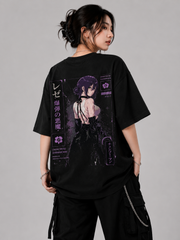 Bomb Girl Anime Oversized T-Shirt – Black Purple Streetwear Graphic Tee