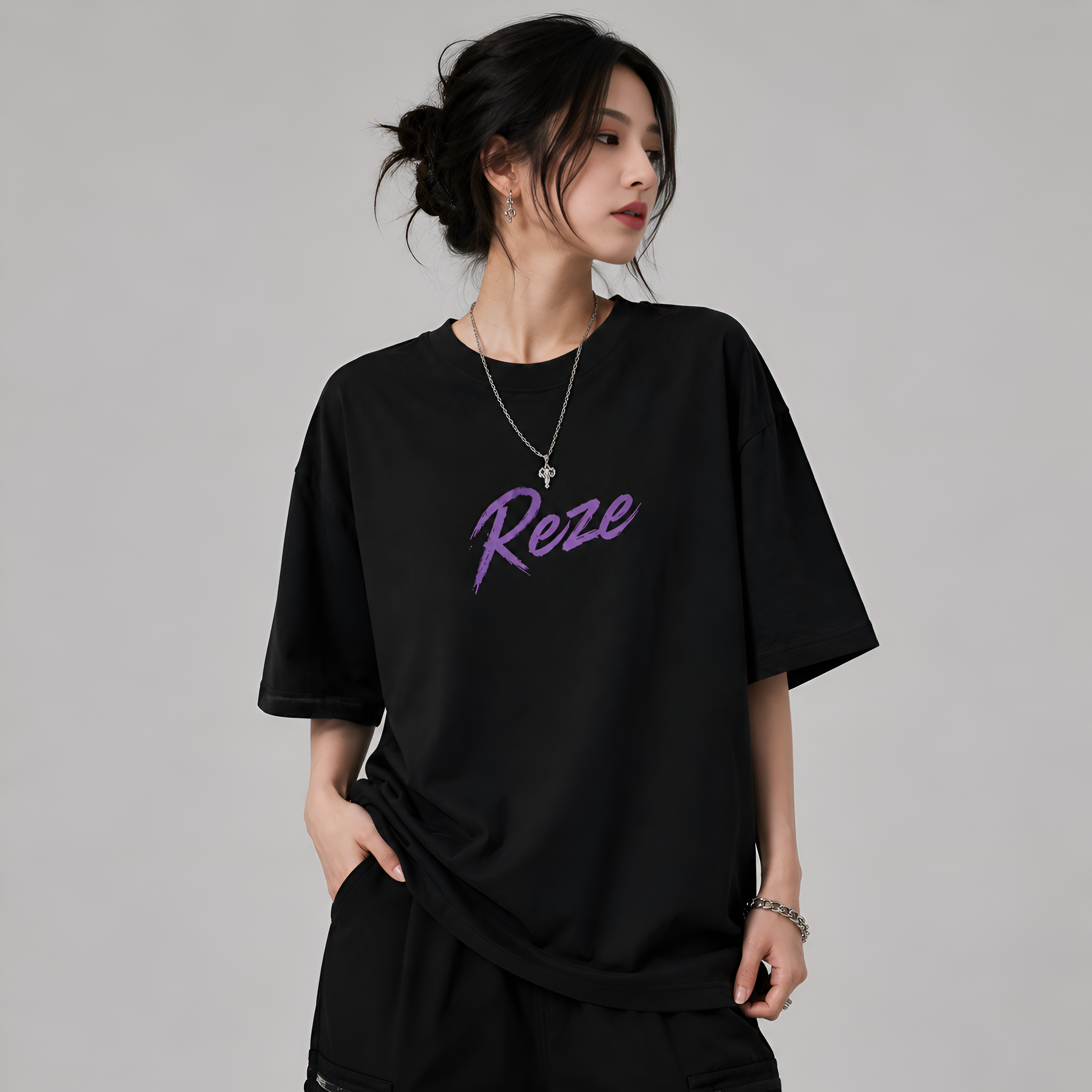 Bomb Girl Anime Oversized T-Shirt – Black Purple Streetwear Graphic Tee